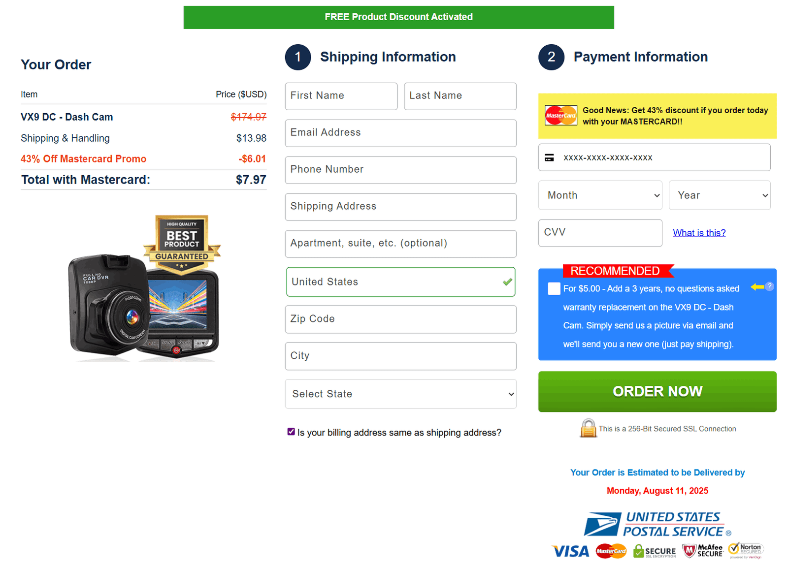 VX9 Dash Cam checkout page